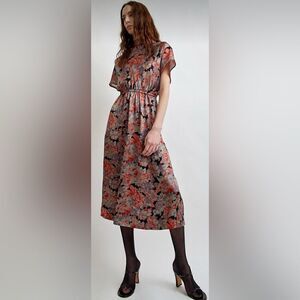 NWT No.6 Willa Dress in Flame Camellia Silk Blend Mock Neck Midi L
